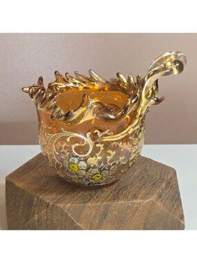 Antique Moser Glass Dessert Cup Tooled Rim Branch Handle Amber Hand-Painted